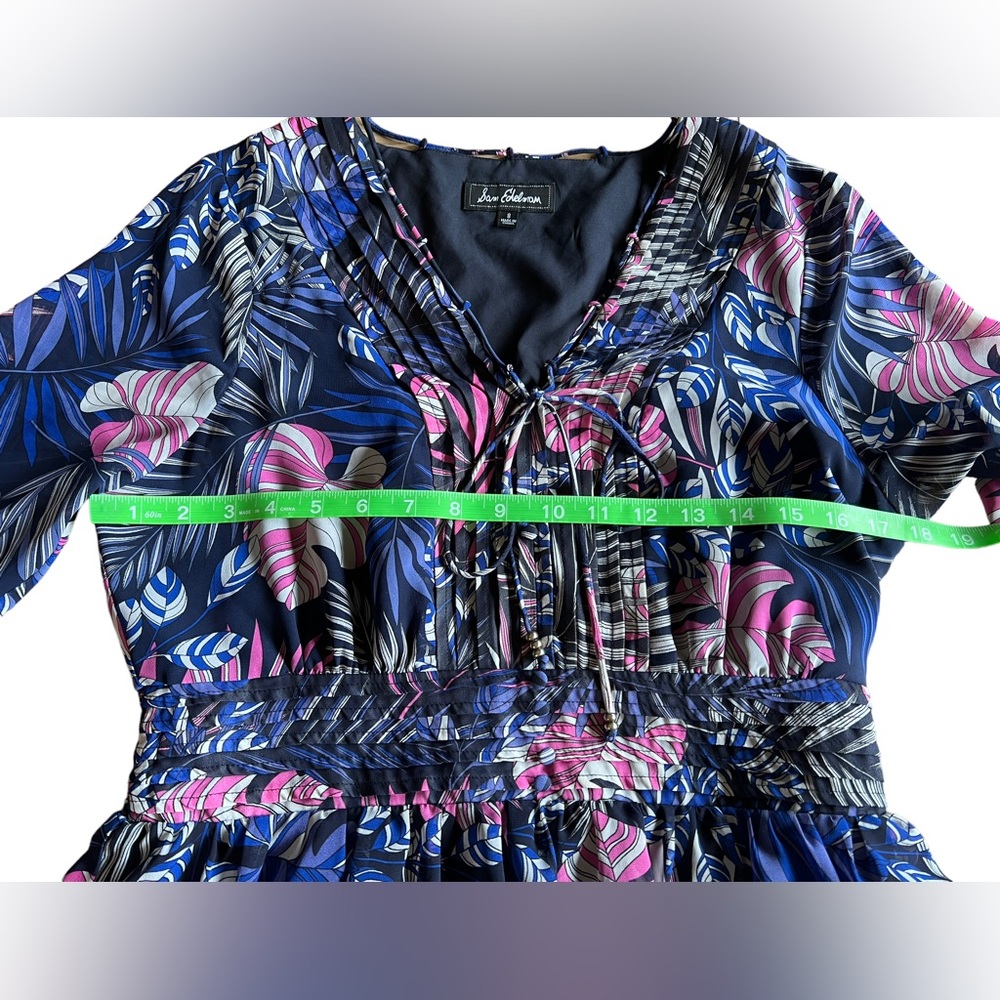 SAM EDELMAN Size 8 Tropical Flowy Lined Mini Dress Resort Wear Long Sheer Sleeve - Picture 11 of 13